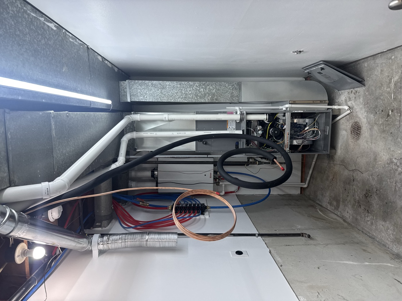 HVAC mechanical room with piping and equipment installation